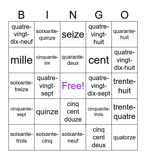 Les Chiffres 0- 1 000 (Words) Bingo Card