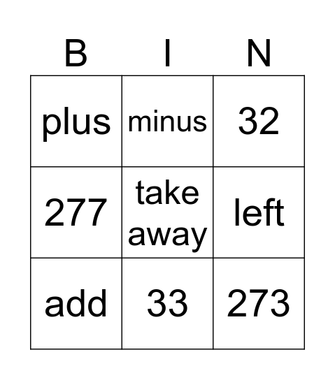 SUBTRACTION Bingo Card