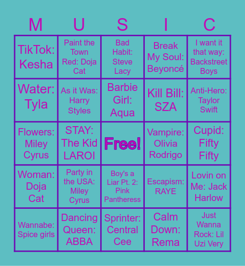 Music Bingo 1.0 Bingo Card