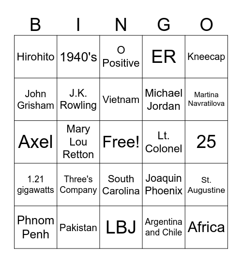 Trivia Bingo Card