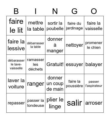 Les tâches ménagères Bingo Card