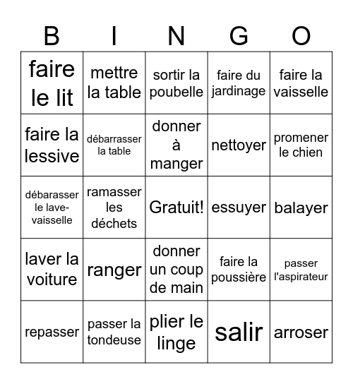 Les tâches ménagères Bingo Card