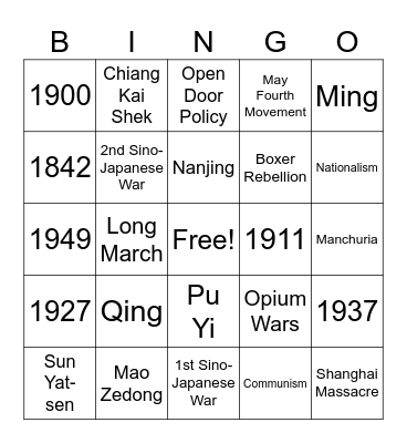CHINA Bingo Card