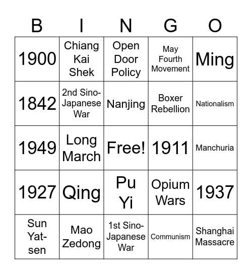 CHINA Bingo Card