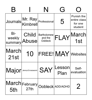 Teacher Cadet Bingo Card
