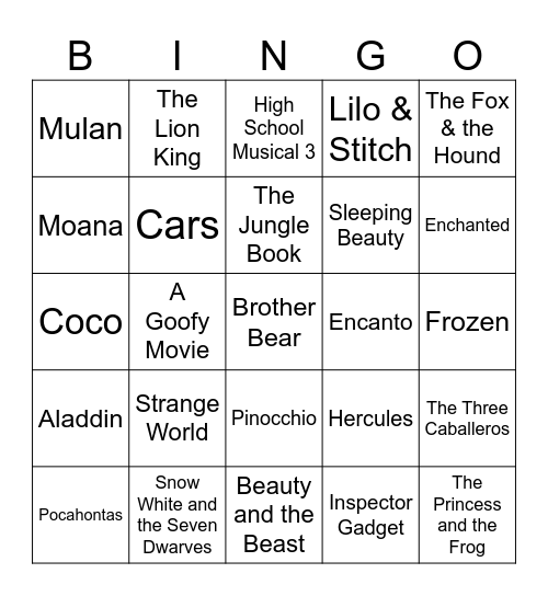 Five-0-Five Music Bingo - Disney 1 Bingo Card