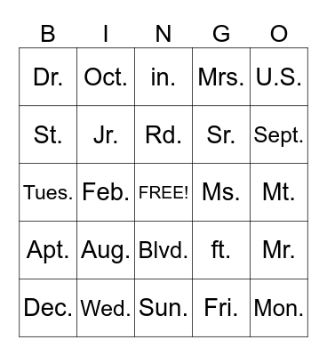 ABBREVIATIONS Bingo Card