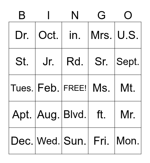 ABBREVIATIONS Bingo Card