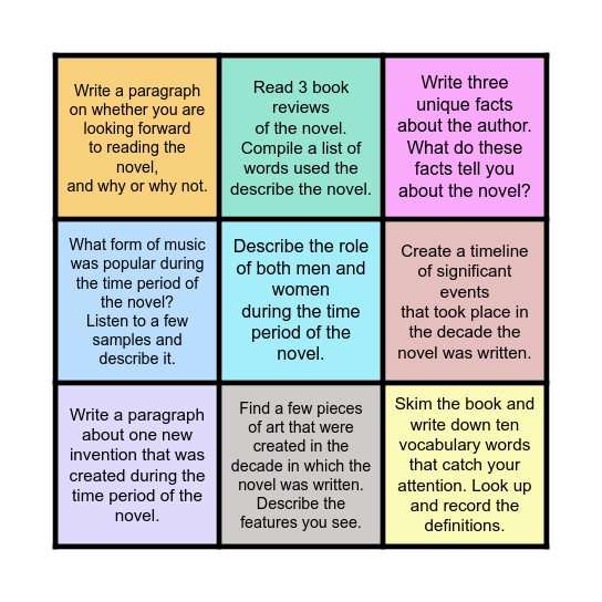 Pre-Reading Choice Board Bingo Card