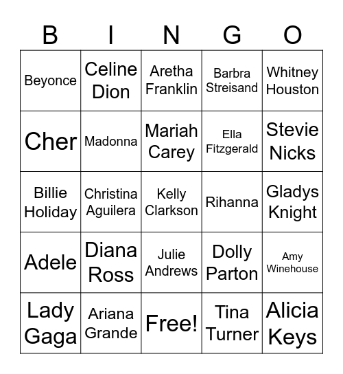 Female Power Singers Bingo Card
