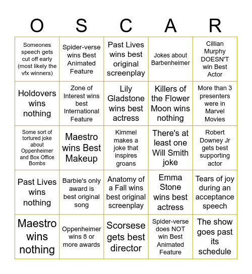 Oscars 2024 Bingo - Moviegoers Bingo Card