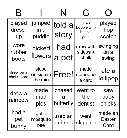 As a Child.....I have... Bingo Card