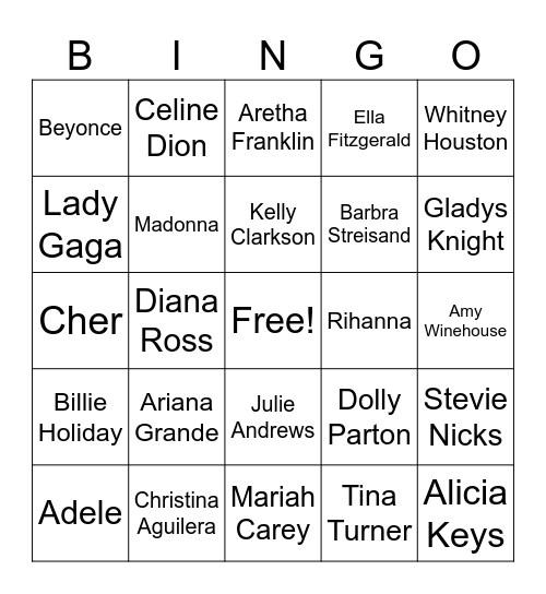 Female Power Singers Bingo Card