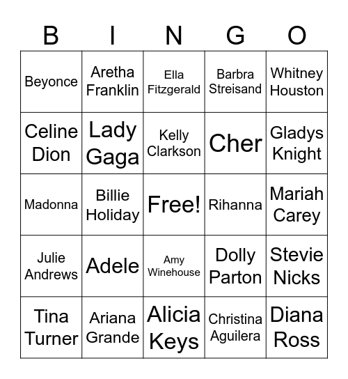 Female Power Singers Bingo Card