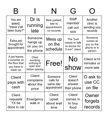 Veterinary Receptionist Bingo Card