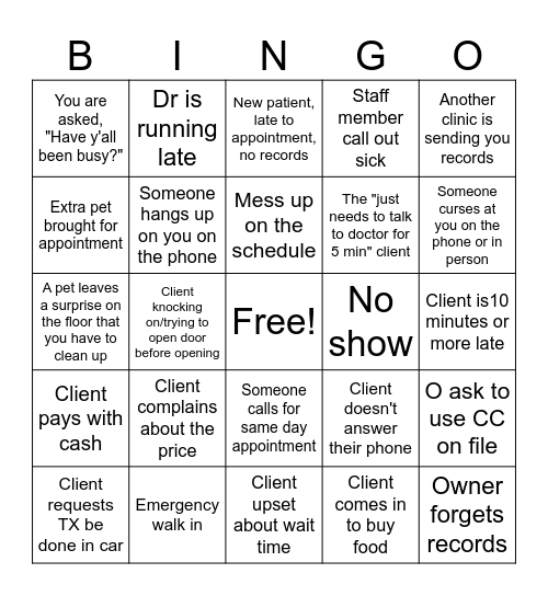 Veterinary Receptionist Bingo Card