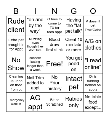 Vet Tech Bingo! Bingo Card