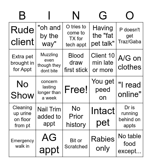 Vet Tech Bingo! Bingo Card