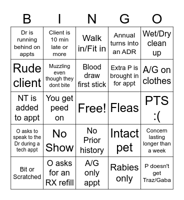 Vet Tech Bingo! Bingo Card