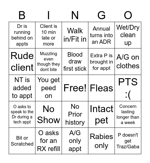 Vet Tech Bingo! Bingo Card