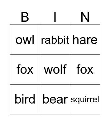 Animals Bingo Card