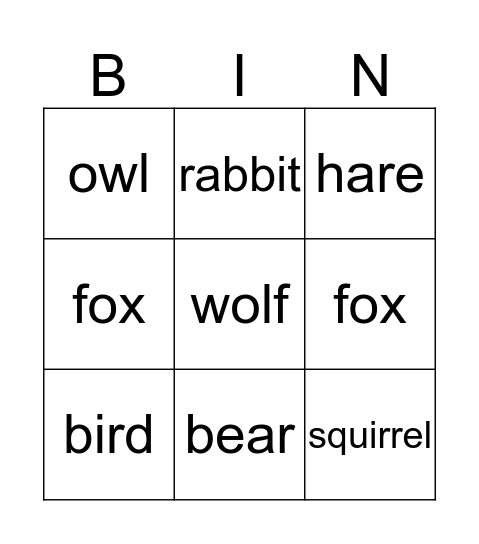 Animals Bingo Card