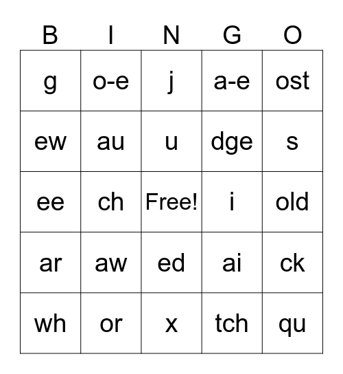 Grapheme Bingo Card