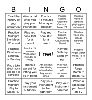 Spring Break Band Bingo Card