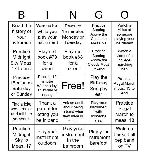 Spring Break Band Bingo Card