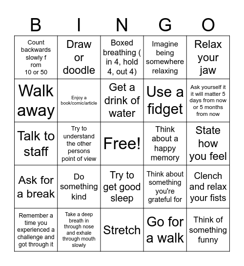 Coping Skills Bingo Card