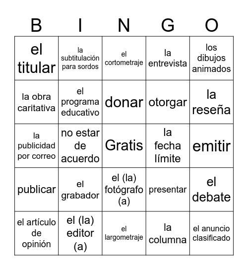 Avancemos 3 Unit 2.2 Bingo Card