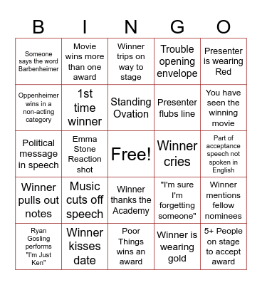 2024 Oscar's Bingo Card