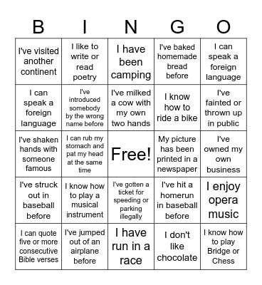 Life Experiences Bingo Card