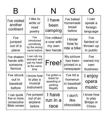 Life Experiences Bingo Card