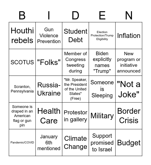 SOTU Bingo 2024 Bingo Card