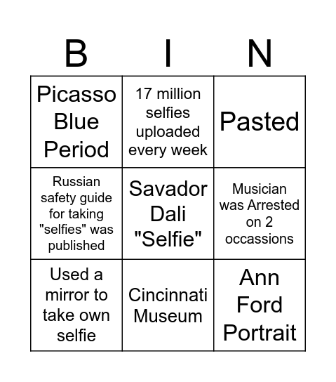 Artrageous: "The Art of The Selfie" Bingo Card