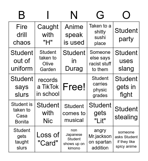 March Student Bingo Card