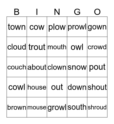 "ou" and "ow" sounds Bingo Card