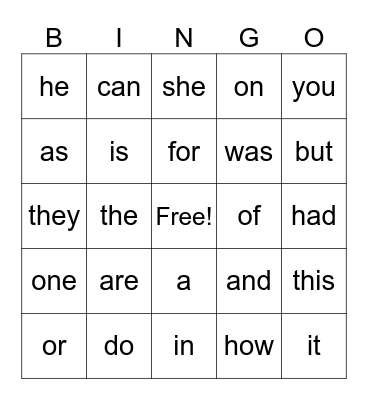 Sight Words- Bingo Card
