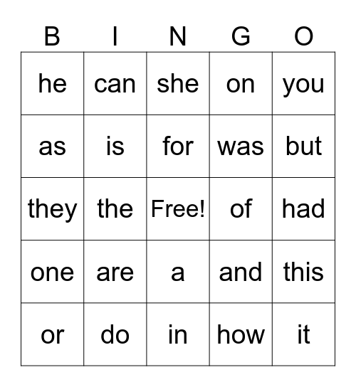 Sight Words- Bingo Card