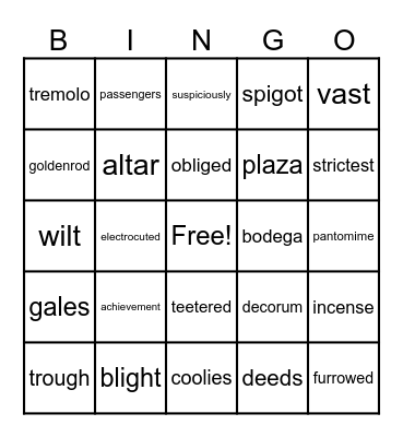 Seedfolks Vocabulary Review Bingo Card