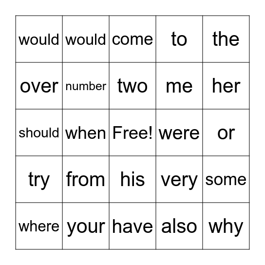 Heart Word Bingo Card