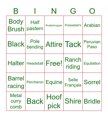 Horse Bingo Card