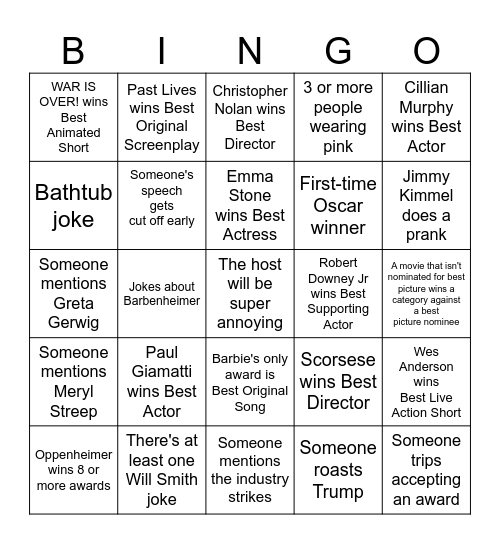 OSCARS Bingo Card