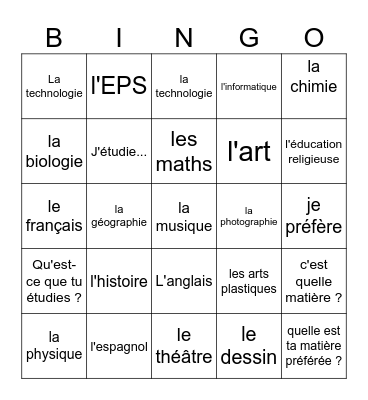 Les Matières Scolaires Bingo Card