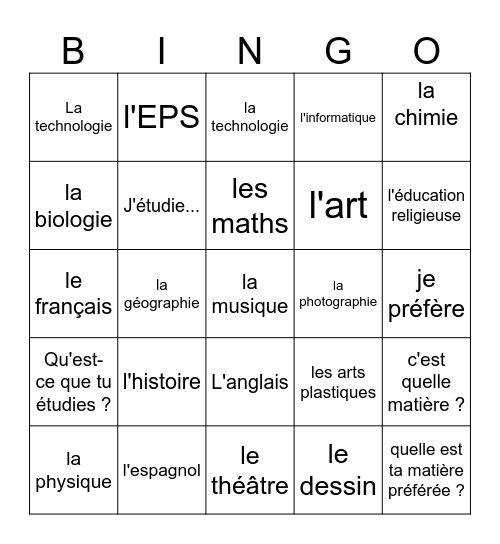 Les Matières Scolaires Bingo Card