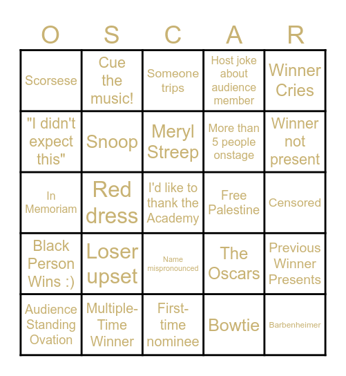 Academy Awards 2024 Bingo Card