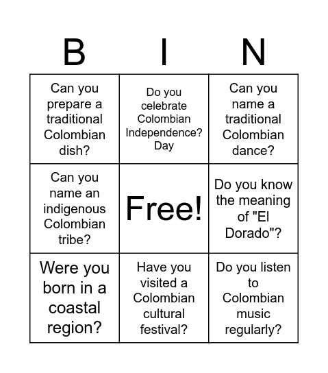 Colombia Diversity Bingo Card