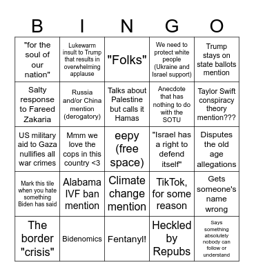 Biden SOTU 2024 Bingo Card