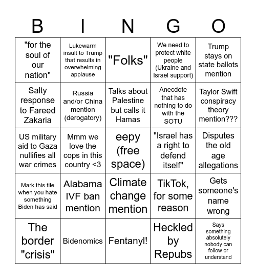 Biden SOTU 2024 Bingo Card